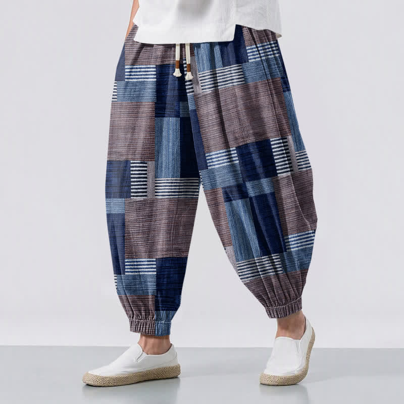 Buddha Stones Pantalon harem pour homme en pur coton patchwork à carreaux et rayures, avec cordon de serrage et poches. - Marine - US/UK/AU50，EU60 (5XL) - image 6