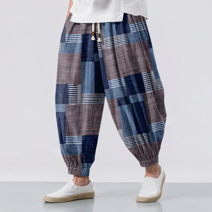 Buddha Stones Pantalon harem pour homme en pur coton patchwork à carreaux et rayures, avec cordon de serrage et poches. - Marine - US/UK/AU50，EU60 (5XL) - image 6