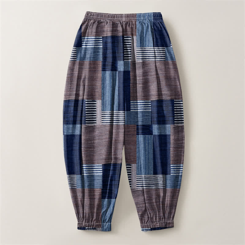 Buddha Stones Pantalon harem pour homme en pur coton patchwork à carreaux et rayures, avec cordon de serrage et poches. - image 8