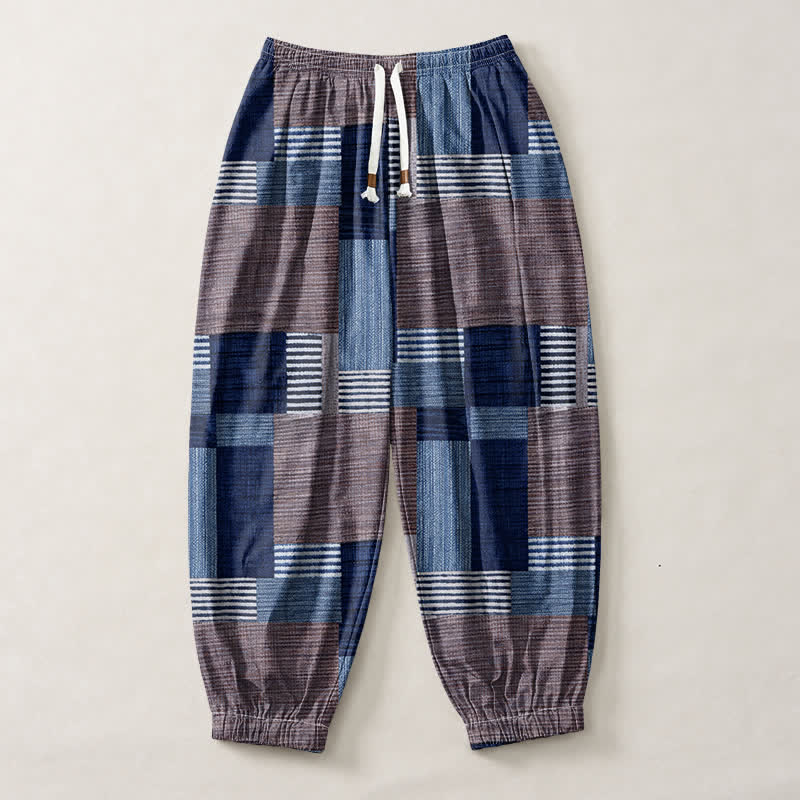 Buddha Stones Pantalon harem pour homme en pur coton patchwork à carreaux et rayures, avec cordon de serrage et poches. - image 7