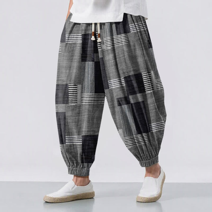 Buddha Stones Pantalon harem pour homme en pur coton patchwork à carreaux et rayures, avec cordon de serrage et poches. - Gris - US/UK/AU50，EU60 (5XL) - image 12