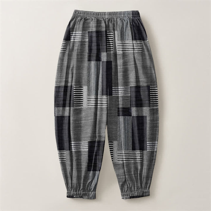 Buddha Stones Pantalon harem pour homme en pur coton patchwork à carreaux et rayures, avec cordon de serrage et poches. - image 14