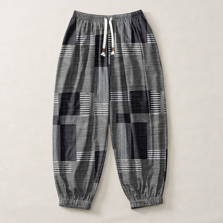 Buddha Stones Pantalon harem pour homme en pur coton patchwork à carreaux et rayures, avec cordon de serrage et poches. - image 13