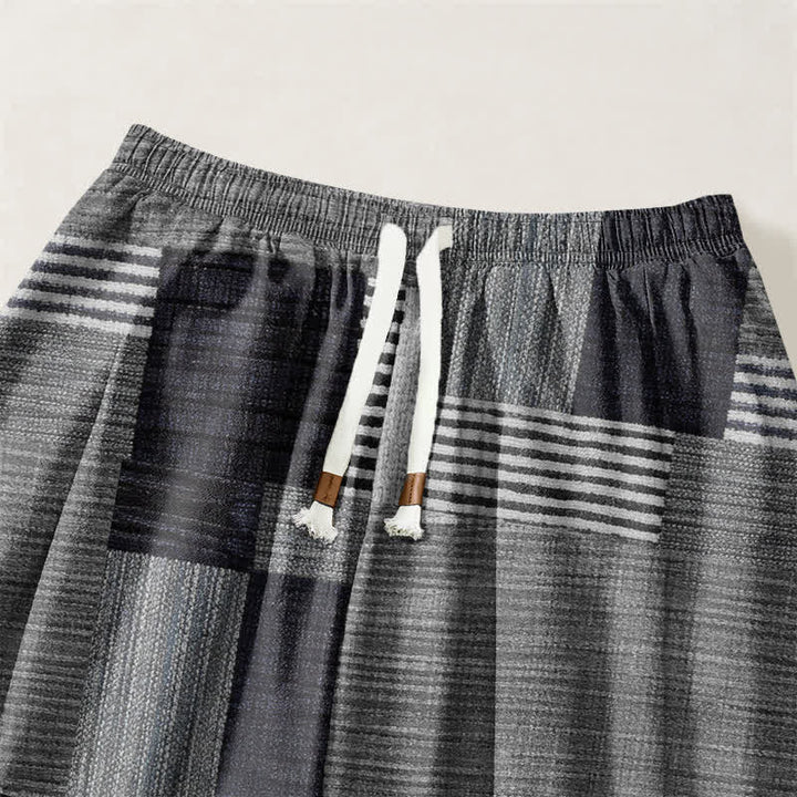 Buddha Stones Pantalon harem pour homme en pur coton patchwork à carreaux et rayures, avec cordon de serrage et poches. - image 15