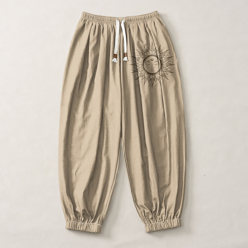 Buddha Stones Pantalon harem pour homme en pur coton avec cordon de serrage, motif visage de soleil et poches - image 1