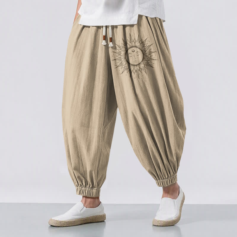 Buddha Stones Pantalon harem pour homme en pur coton avec cordon de serrage, motif visage de soleil et poches - BurlyWood - US/UK/AU50，EU60 (5XL) - image 0
