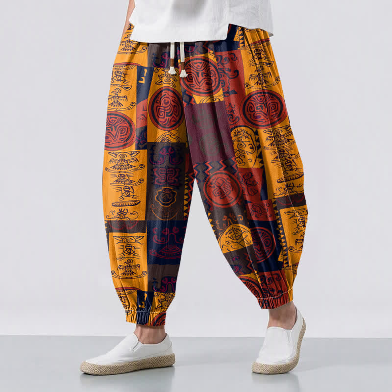 Buddha Stones Pantalon harem pour homme en pur coton, à motif patchwork médaillon tribal et cordon de serrage, avec poches - verge d'or - US/UK/AU50，EU60 (5XL) - image 0