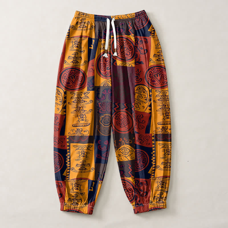 Buddha Stones Pantalon harem pour homme en pur coton, à motif patchwork médaillon tribal et cordon de serrage, avec poches - image 1