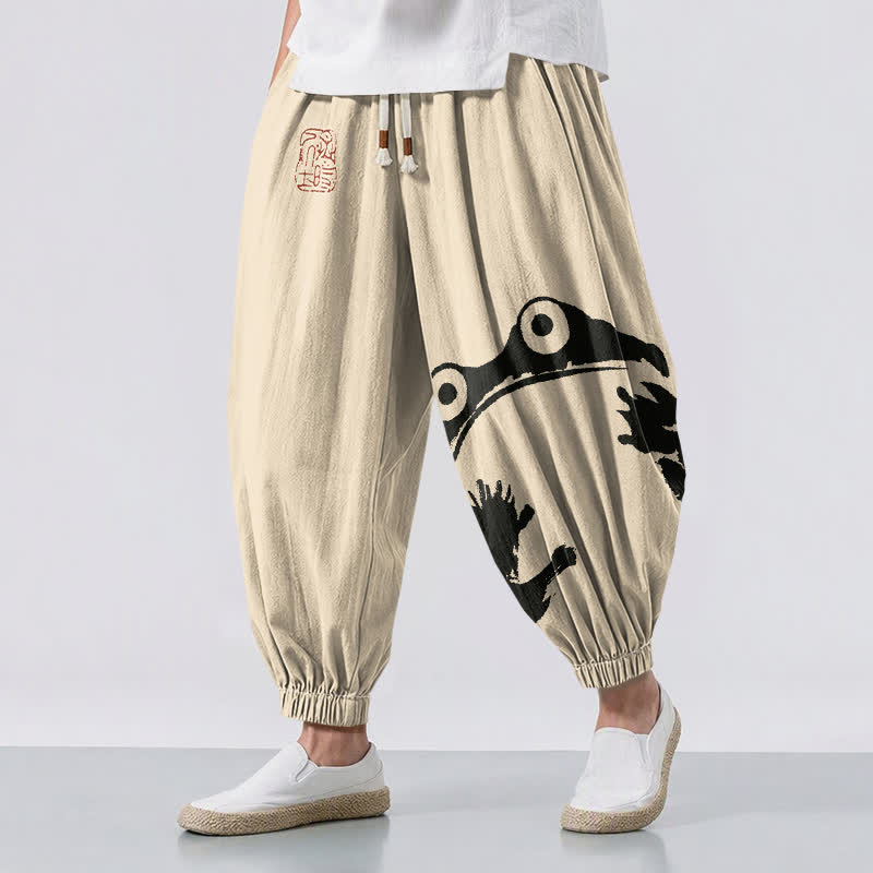 Buddha Stones Pantalon harem pour homme en pur coton avec cordon de serrage et poches, motif grenouille ludique. - Beige - US/UK/AU50，EU60 (5XL) - image 0