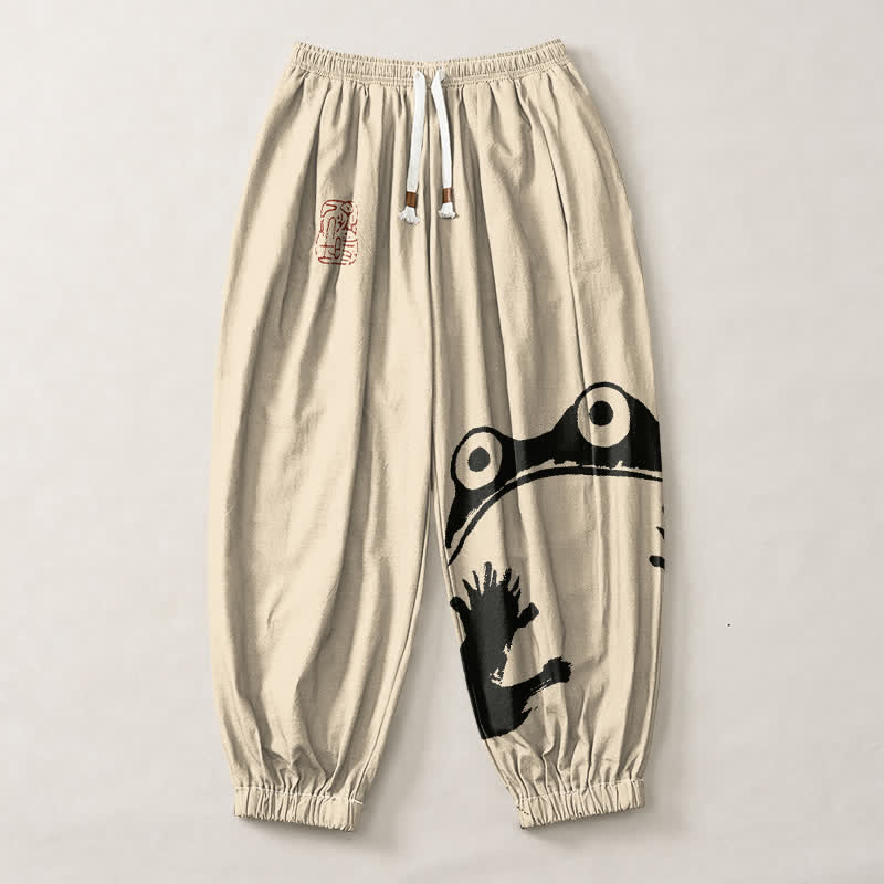 Buddha Stones Pantalon harem pour homme en pur coton avec cordon de serrage et poches, motif grenouille ludique. - image 1
