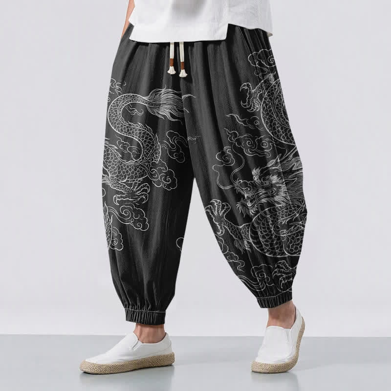 Buddha Stones Pantalon harem pour homme en pur coton, motif nuage de dragon, cordon de serrage et poches - Noir - US/UK/AU50，EU60 (5XL) - image 0