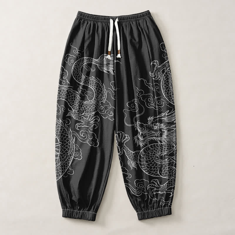 Buddha Stones Pantalon harem pour homme en pur coton, motif nuage de dragon, cordon de serrage et poches - image 1