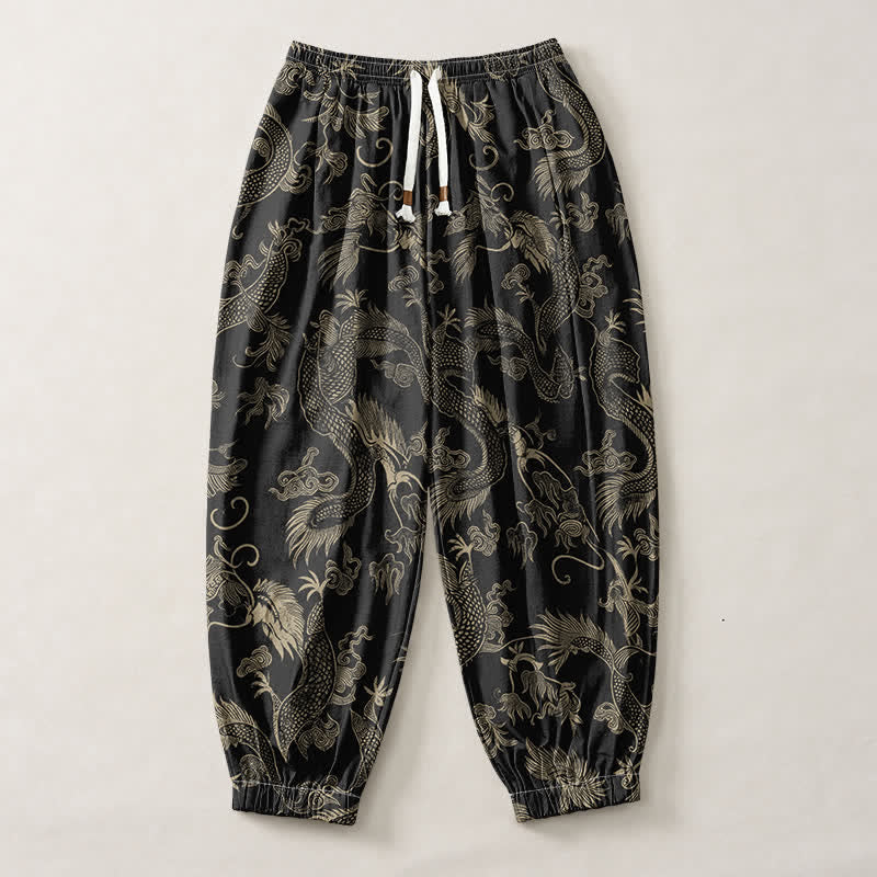 Buddha Stones Pantalon harem pour homme en pur coton avec cordon de serrage et poches, motif dragon mythique et nuages ​​de bon augure. - image 1