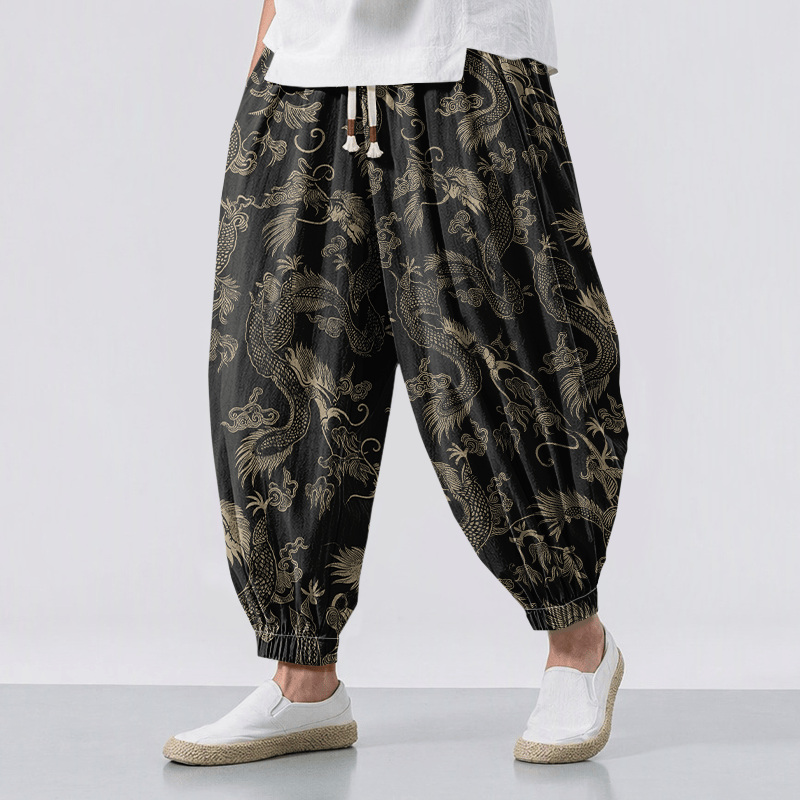 Buddha Stones Pantalon harem pour homme en pur coton avec cordon de serrage et poches, motif dragon mythique et nuages ​​de bon augure. - Noir - US/UK/AU50，EU60 (5XL) - image 0