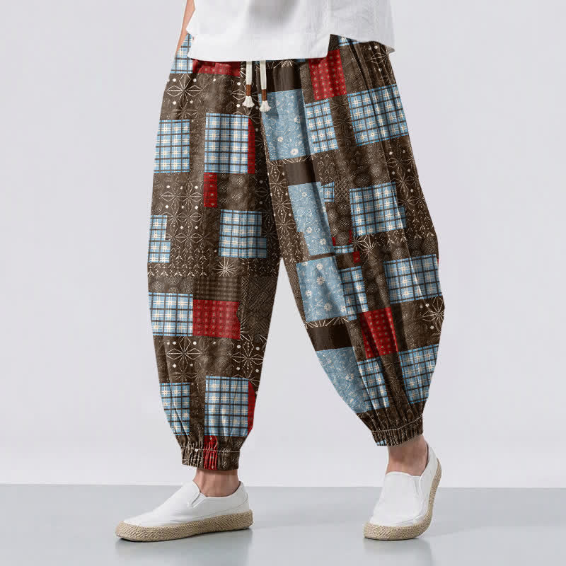 Buddha Stones Pantalon harem pour homme en pur coton vintage à motif patchwork à carreaux et cordon de serrage, avec poches - SaddleBrown - US/UK/AU50，EU60 (5XL) - image 0