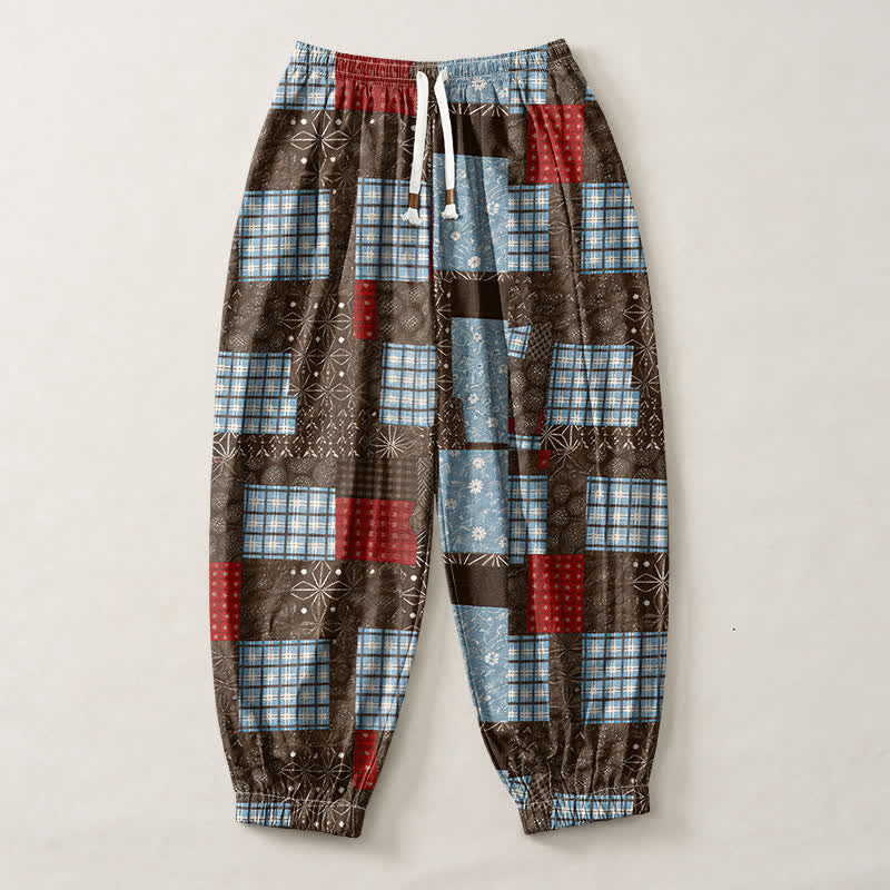 Buddha Stones Pantalon harem pour homme en pur coton vintage à motif patchwork à carreaux et cordon de serrage, avec poches - image 1