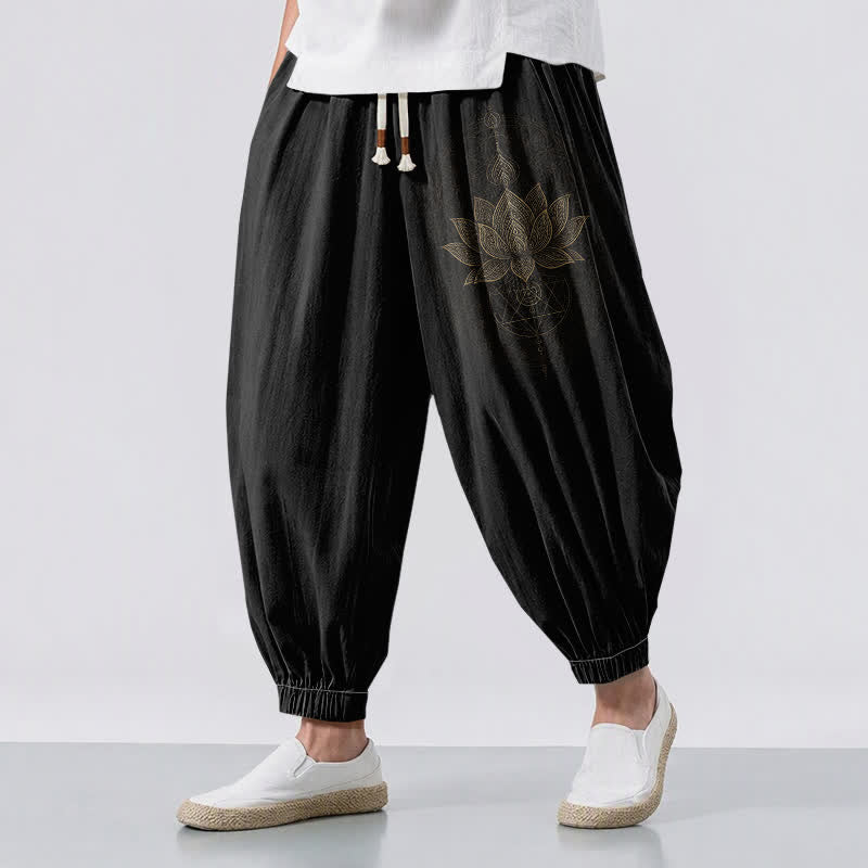Buddha Stones Pantalon harem pour homme en pur coton avec cordon de serrage et poches, motif géométrique mandala lotus doré. - Noir - US/UK/AU50，EU60 (5XL) - image 0