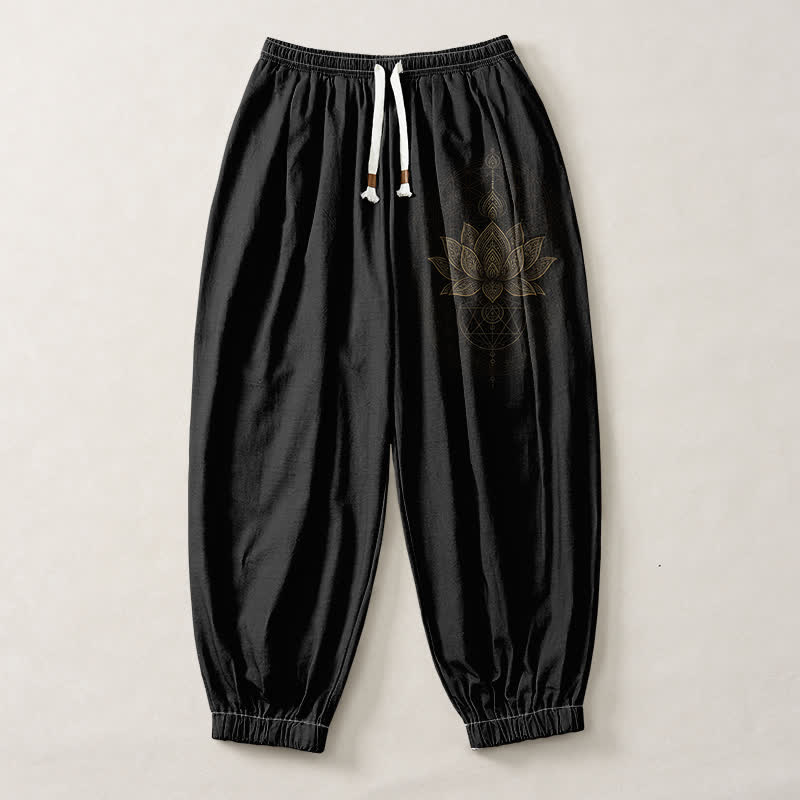 Buddha Stones Pantalon harem pour homme en pur coton avec cordon de serrage et poches, motif géométrique mandala lotus doré. - image 1