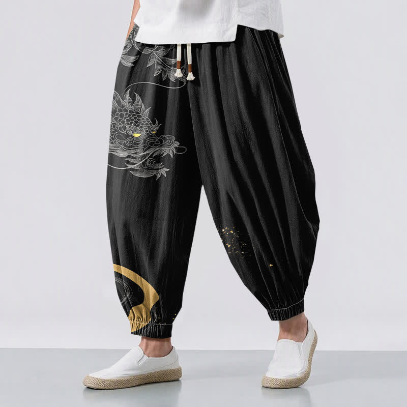 Buddha Stones Pantalon harem pour homme en pur coton avec cordon de serrage, motif dragon oriental et poches - Noir - US/UK/AU50，EU60 (5XL) - image 0