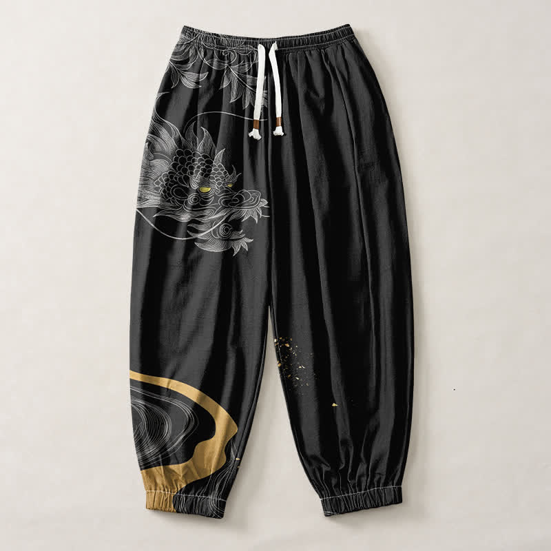 Buddha Stones Pantalon harem pour homme en pur coton avec cordon de serrage, motif dragon oriental et poches - image 1