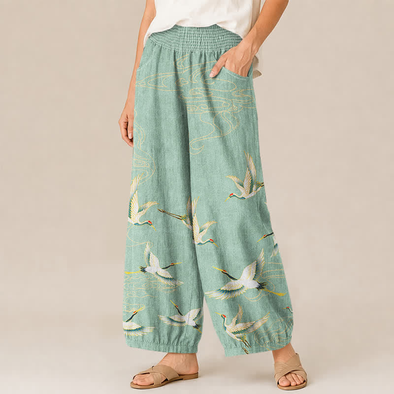 Buddha Stones Pantalon harem pour femme en coton à motif de grues et de nuages ​​orientaux, plissé, taille élastique et poches - image 1