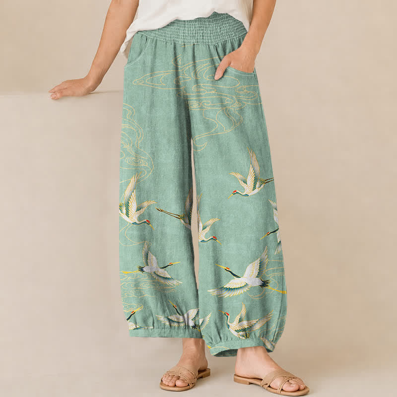 Buddha Stones Pantalon harem pour femme en coton à motif de grues et de nuages ​​orientaux, plissé, taille élastique et poches - Aigue-marine moyenne - US16，UK/AU20，EU48 (3XL) - image 0