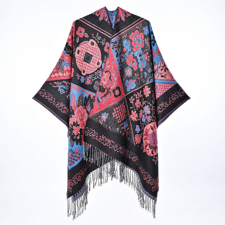 Buddha Stones Châle à franges fleuries patchwork bohème automne-hiver pour femme - image 1