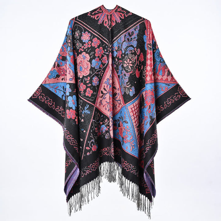 Buddha Stones Châle à franges fleuries patchwork bohème automne-hiver pour femme - image 2