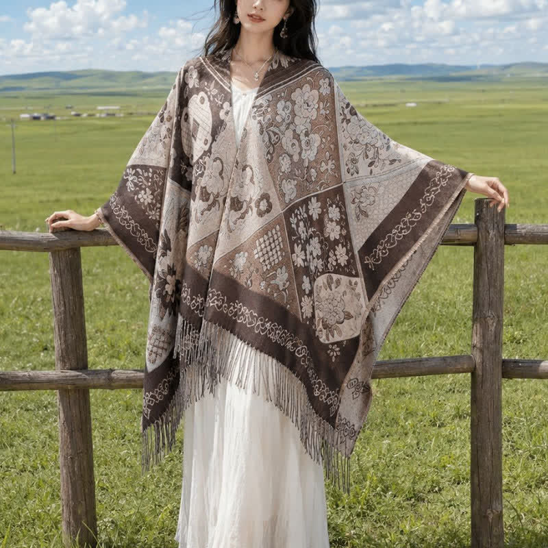 Buddha Stones Châle à franges fleuries patchwork bohème automne-hiver pour femme - Tanné - 140 x 160 cm - image 6