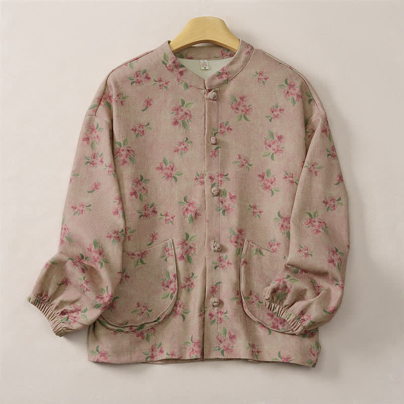 Buddha Stones Veste d'automne-hiver vintage Tang style veste à col mandarin et imprimé floral avec poches pour femme - Rouge violet pâle - US8-10, UK/AU12-14, EU40-42 (2XL) - image 0