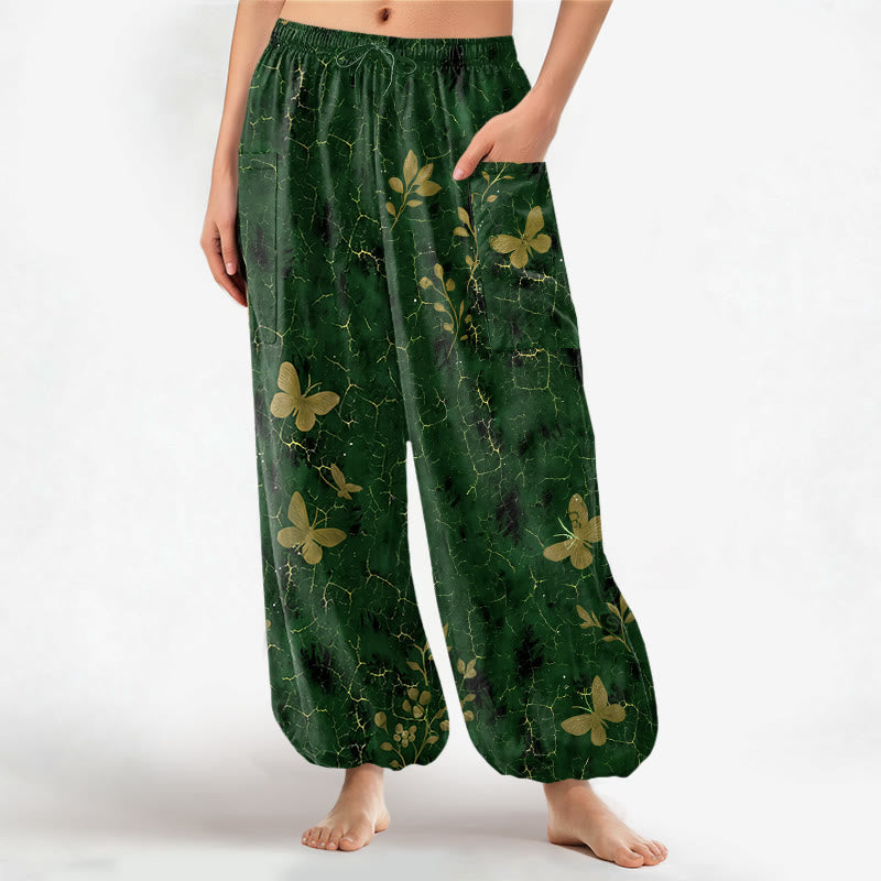 Buddha Stones Pantalon harem pour femme en coton à motif botanique papillon craquelé et taille élastique avec poches latérales - Vert forêt - US16，UK/AU20，EU48 (3XL) - image 0