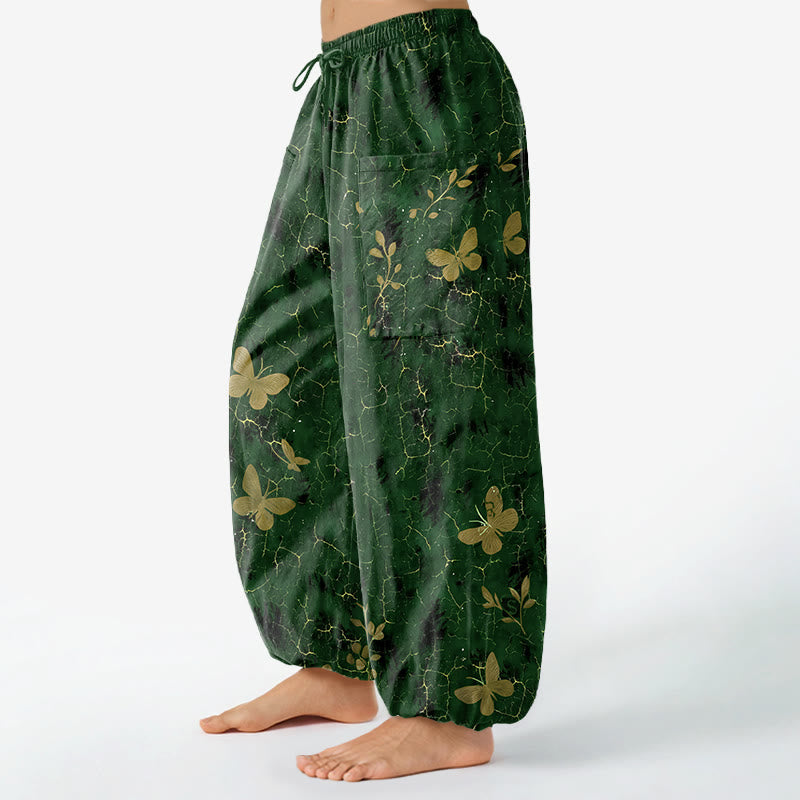 Buddha Stones Pantalon harem pour femme en coton à motif botanique papillon craquelé et taille élastique avec poches latérales - image 1