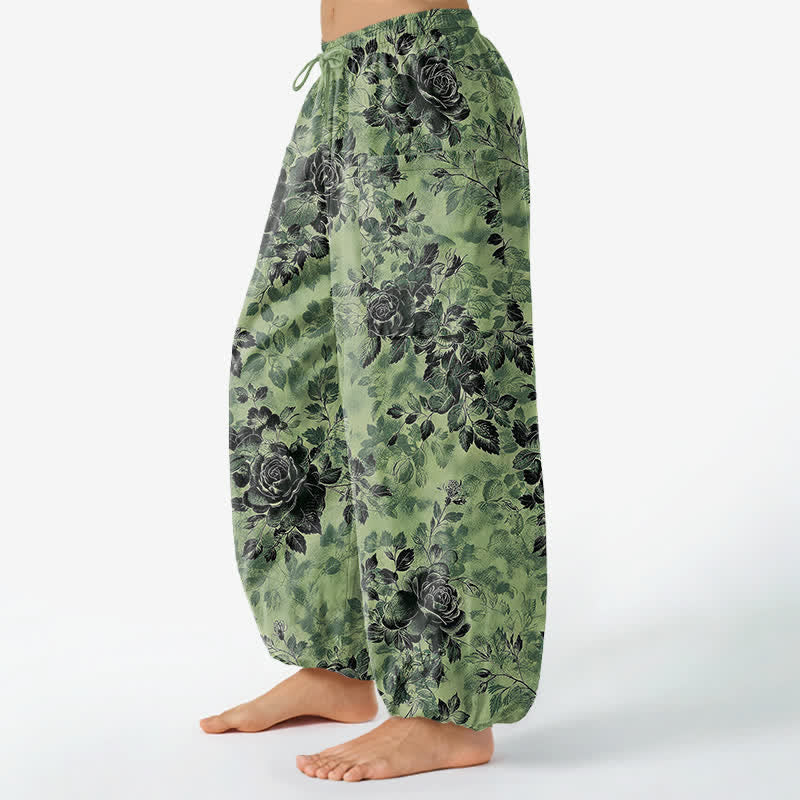 Buddha Stones Pantalon harem vintage en coton noir à motif floral, taille élastique et poches latérales - image 1