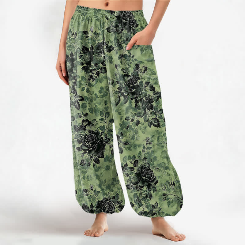 Buddha Stones Pantalon harem vintage en coton noir à motif floral, taille élastique et poches latérales - Vert clair - US16，UK/AU20，EU48 (3XL) - image 0