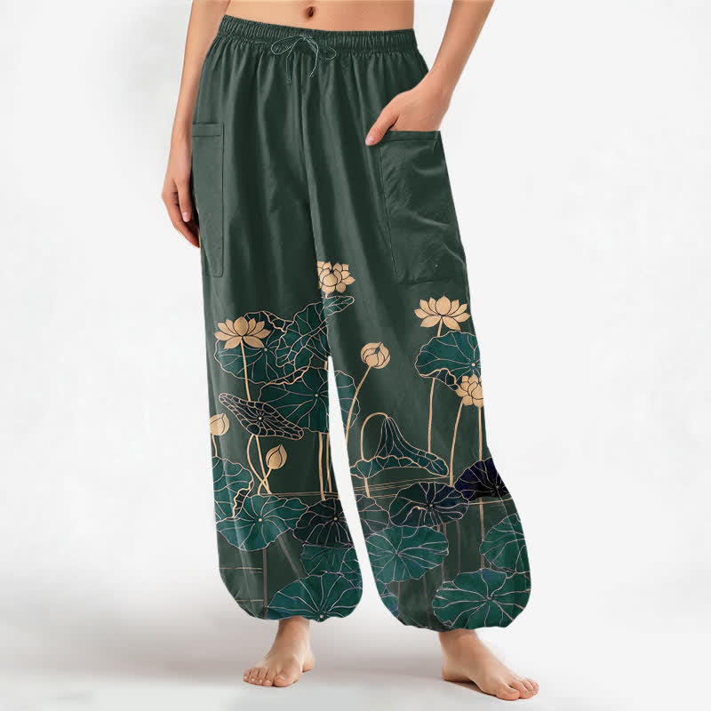 Buddha Stones Pantalon harem pour femme en coton à motif jardin de lotus zen, taille élastique et poches latérales - Vert foncé - US16，UK/AU20，EU48 (3XL) - image 0