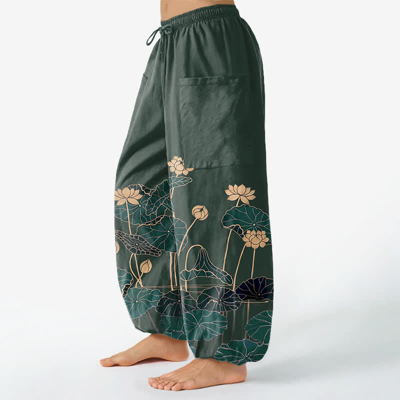 Buddha Stones Pantalon harem pour femme en coton à motif jardin de lotus zen, taille élastique et poches latérales - image 1