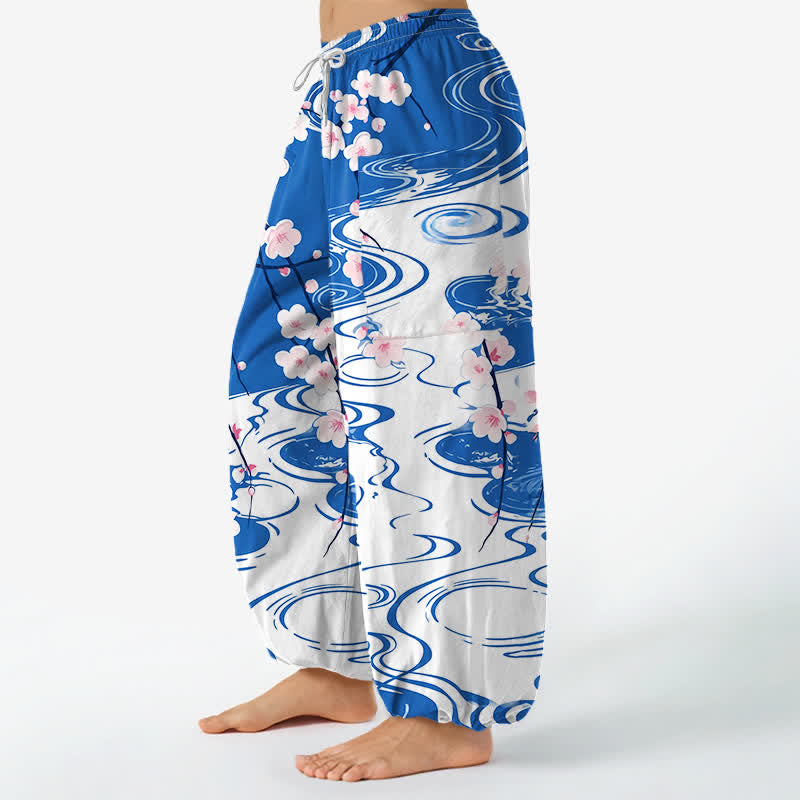 Buddha Stones Pantalon harem pour femme en coton à motif de fleurs de cerisier et ondulations de l'eau, taille élastique et poches latérales - image 1