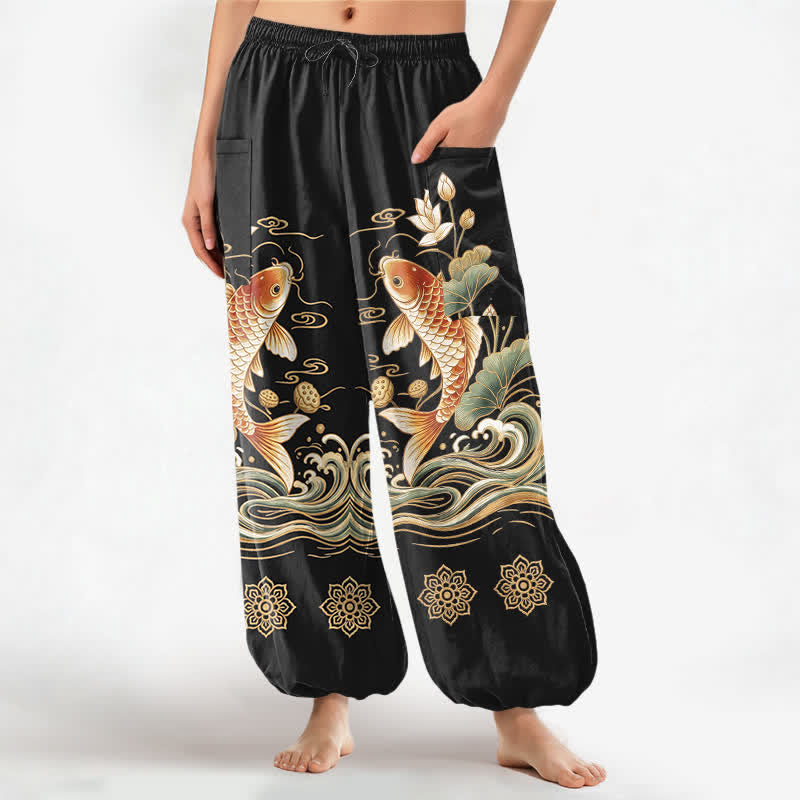 Buddha Stones Pantalon harem pour femme en coton à motif de vagues de lotus et de carpes koï dorées, taille élastique et poches latérales - Noir - US16，UK/AU20，EU48 (3XL) - image 0