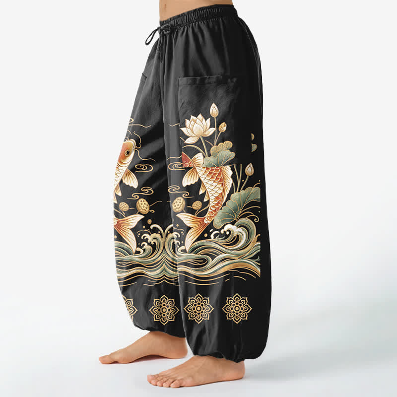 Buddha Stones Pantalon harem pour femme en coton à motif de vagues de lotus et de carpes koï dorées, taille élastique et poches latérales - image 1