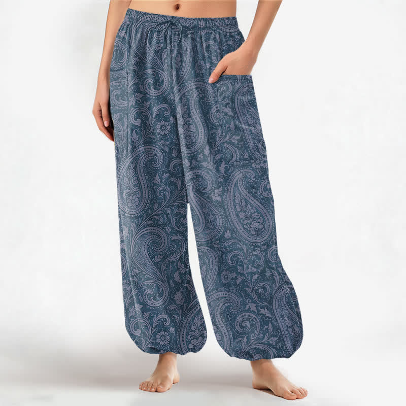 Buddha Stones Pantalon harem pour femme en coton à motif cachemire vintage, taille élastique et poches latérales - SteelBlue - US16，UK/AU20，EU48 (3XL) - image 0
