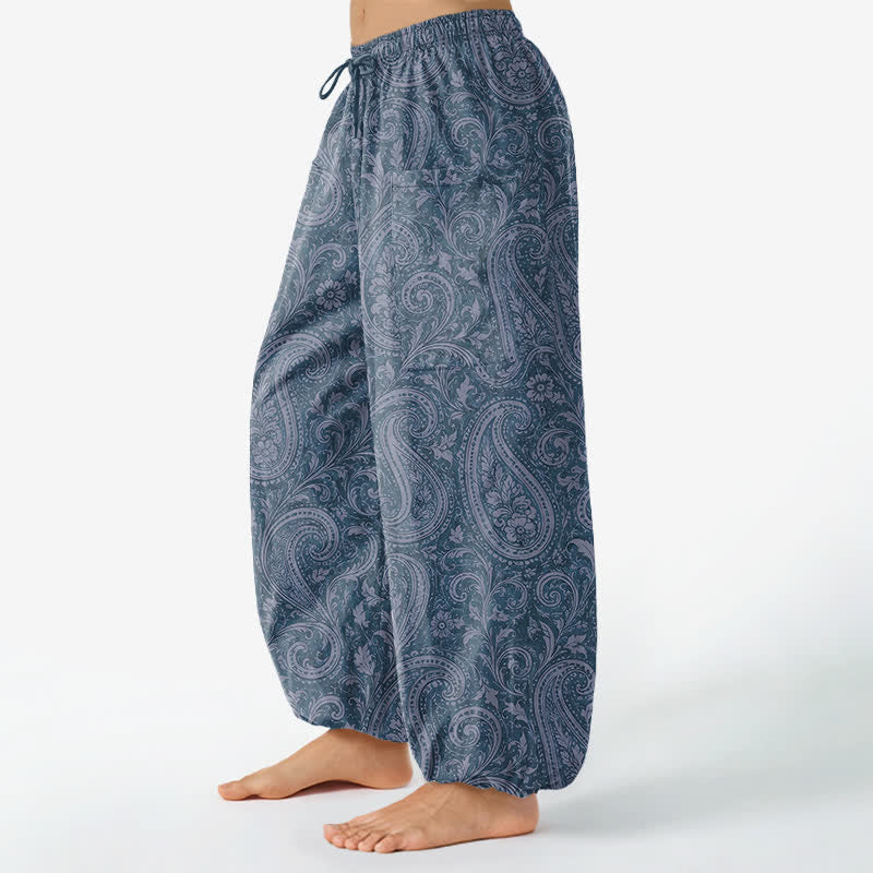 Buddha Stones Pantalon harem pour femme en coton à motif cachemire vintage, taille élastique et poches latérales - image 1