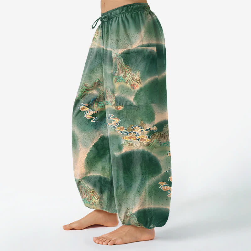 Buddha Stones Pantalon harem pour femme en coton à motif paysage brumeux, taille élastique et poches latérales - image 1