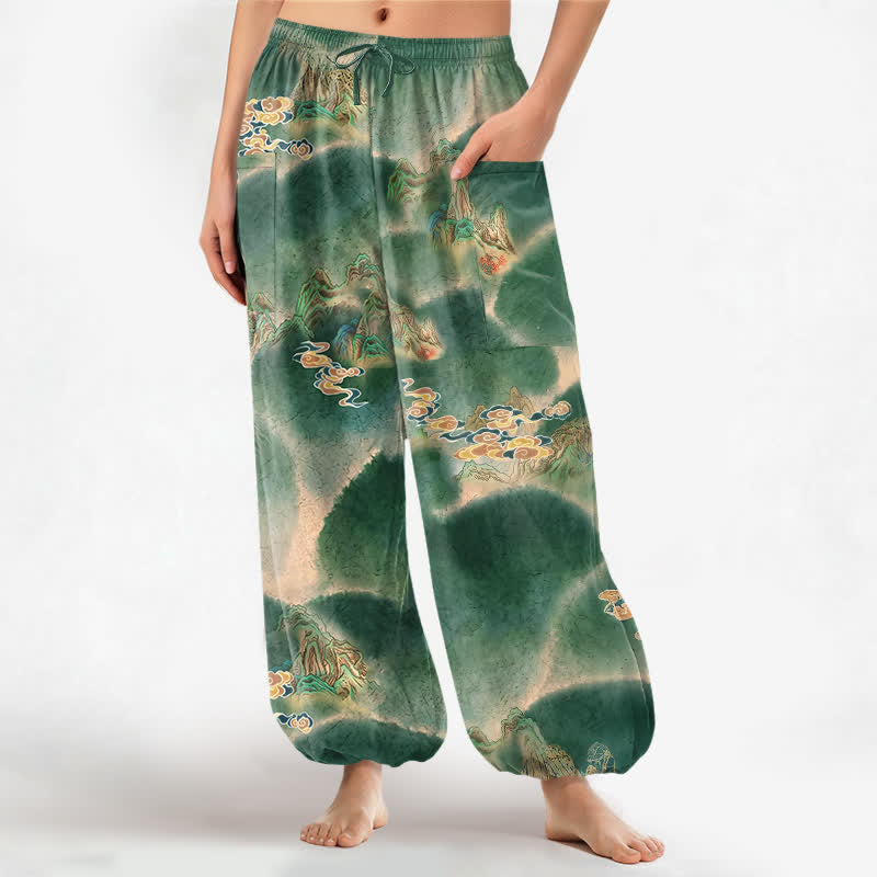 Buddha Stones Pantalon harem pour femme en coton à motif paysage brumeux, taille élastique et poches latérales - Vert d'eau - US16，UK/AU20，EU48 (3XL) - image 0