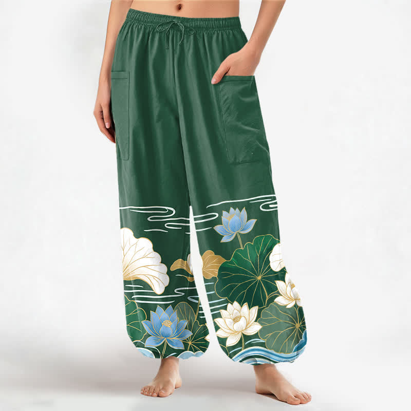 Buddha Stones Pantalon harem pour femme en coton à motif de vagues de feuilles de lotus, taille élastique et poches latérales - Vert forêt - US16，UK/AU20，EU48 (3XL) - image 0
