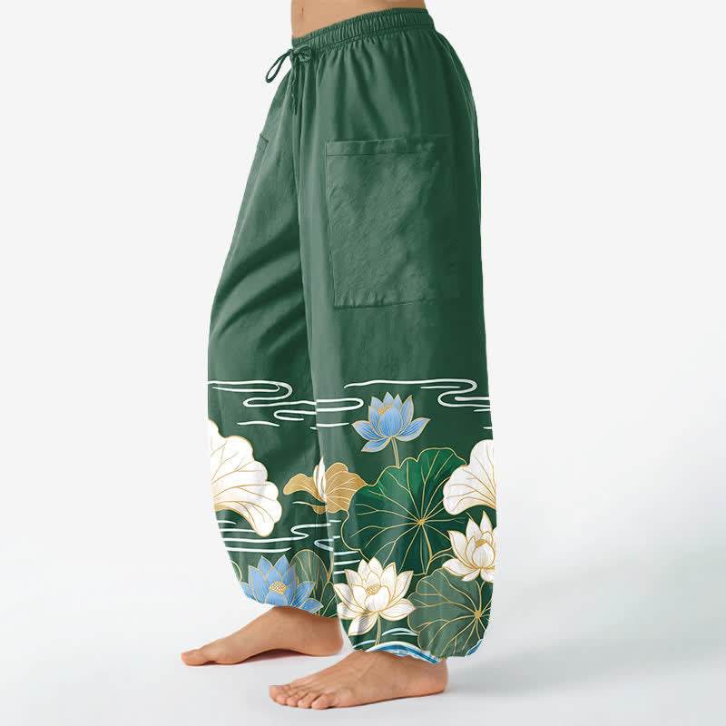 Buddha Stones Pantalon harem pour femme en coton à motif de vagues de feuilles de lotus, taille élastique et poches latérales - image 1