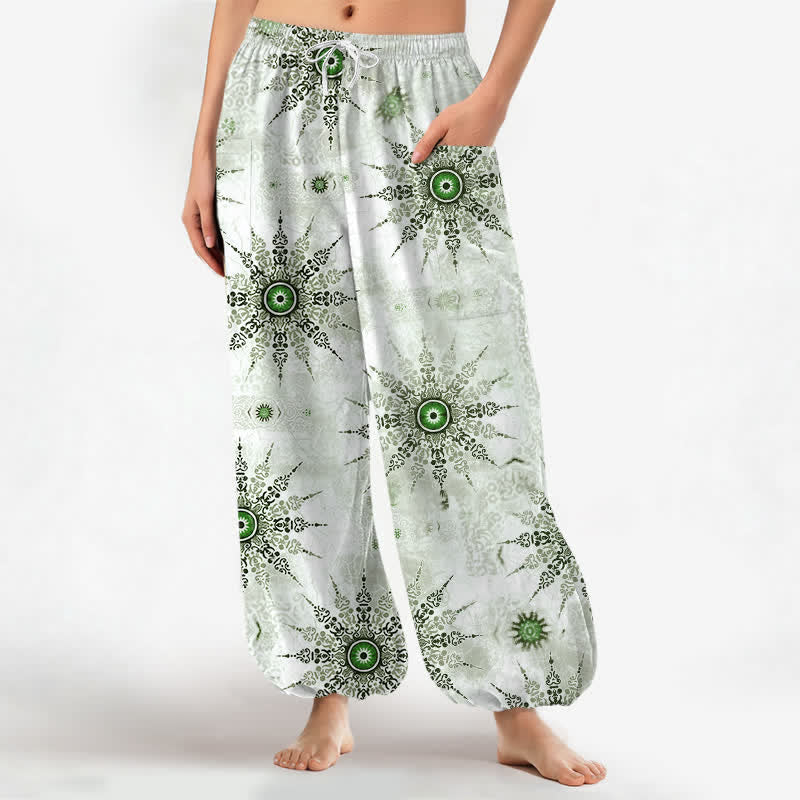 Buddha Stones Pantalon harem pour femme en coton à motif géométrique bohème avec médaillon et taille élastique, poches latérales - Melon miellat - US16，UK/AU20，EU48 (3XL) - image 0