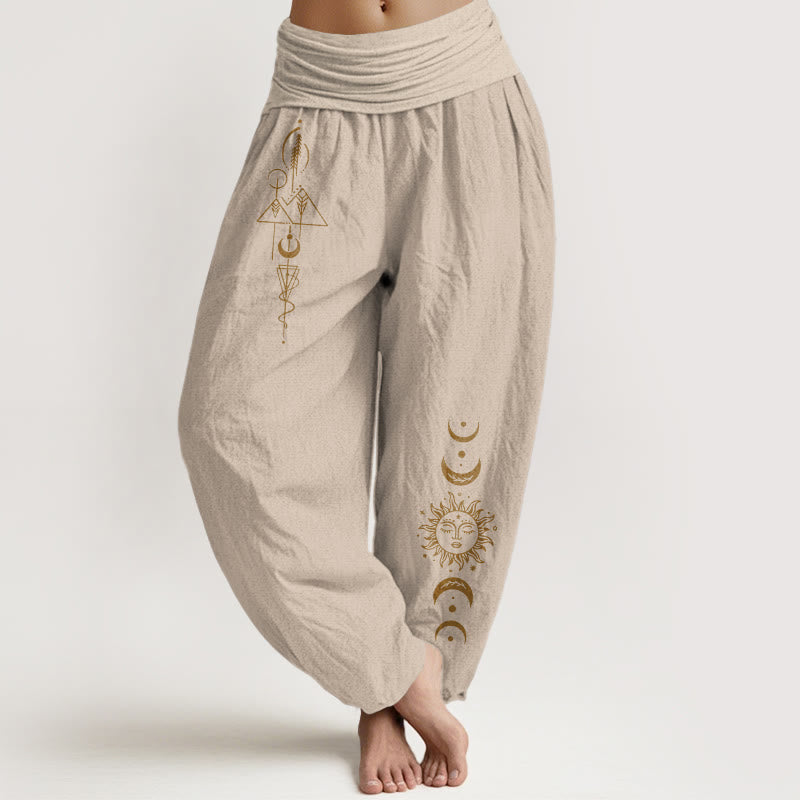 Buddha Stones Pantalon harem femme en pur coton à taille élastique, motif géométrique soleil et lune. - Tanné - US16，UK/AU20，EU48 (3XL) - image 11