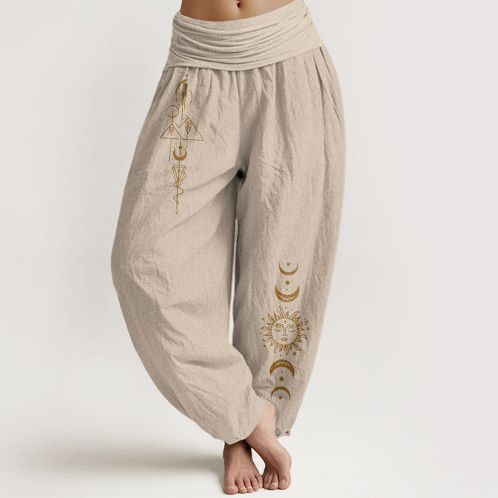 Buddha Stones Pantalon harem femme en pur coton à taille élastique, motif géométrique soleil et lune. - Tanné - US16，UK/AU20，EU48 (3XL) - image 11