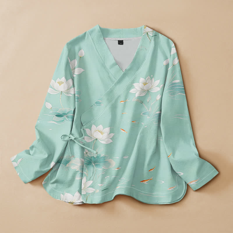 Kimono à manches longues pour femme, en coton imprimé lotus et carpes koï, style Hanfu, col en V, lacé, avec Buddha Stones - Turquoise pâle - US16，UK/AU20，EU48 (3XL) - image 0