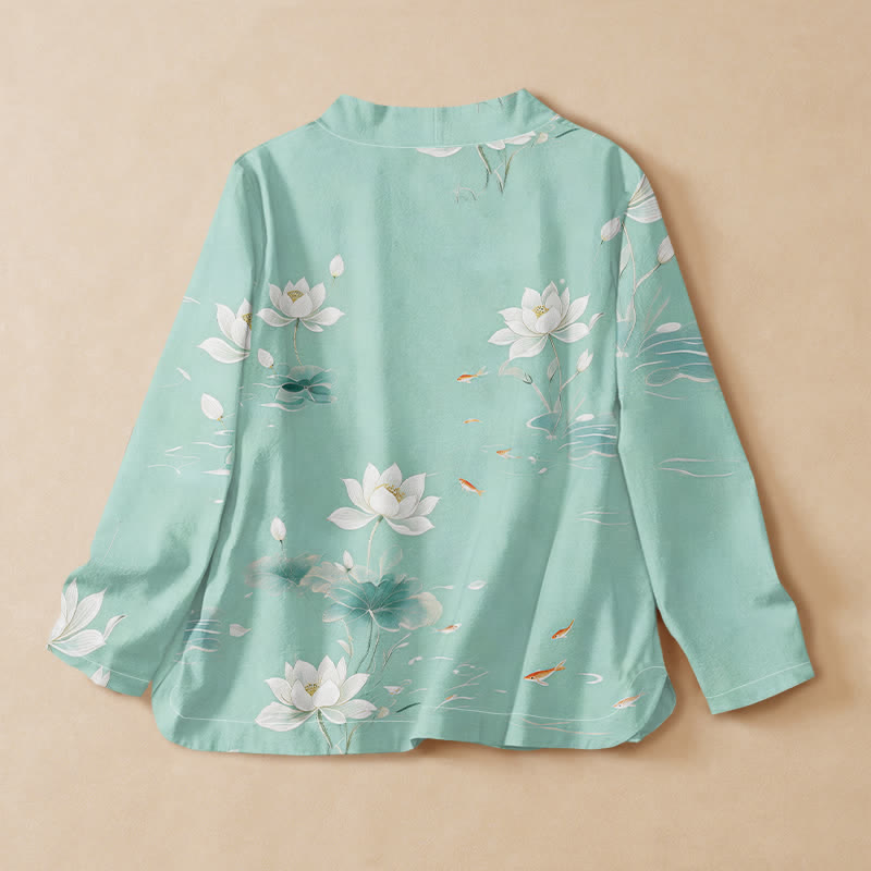 Kimono à manches longues pour femme, en coton imprimé lotus et carpes koï, style Hanfu, col en V, lacé, avec Buddha Stones - image 1
